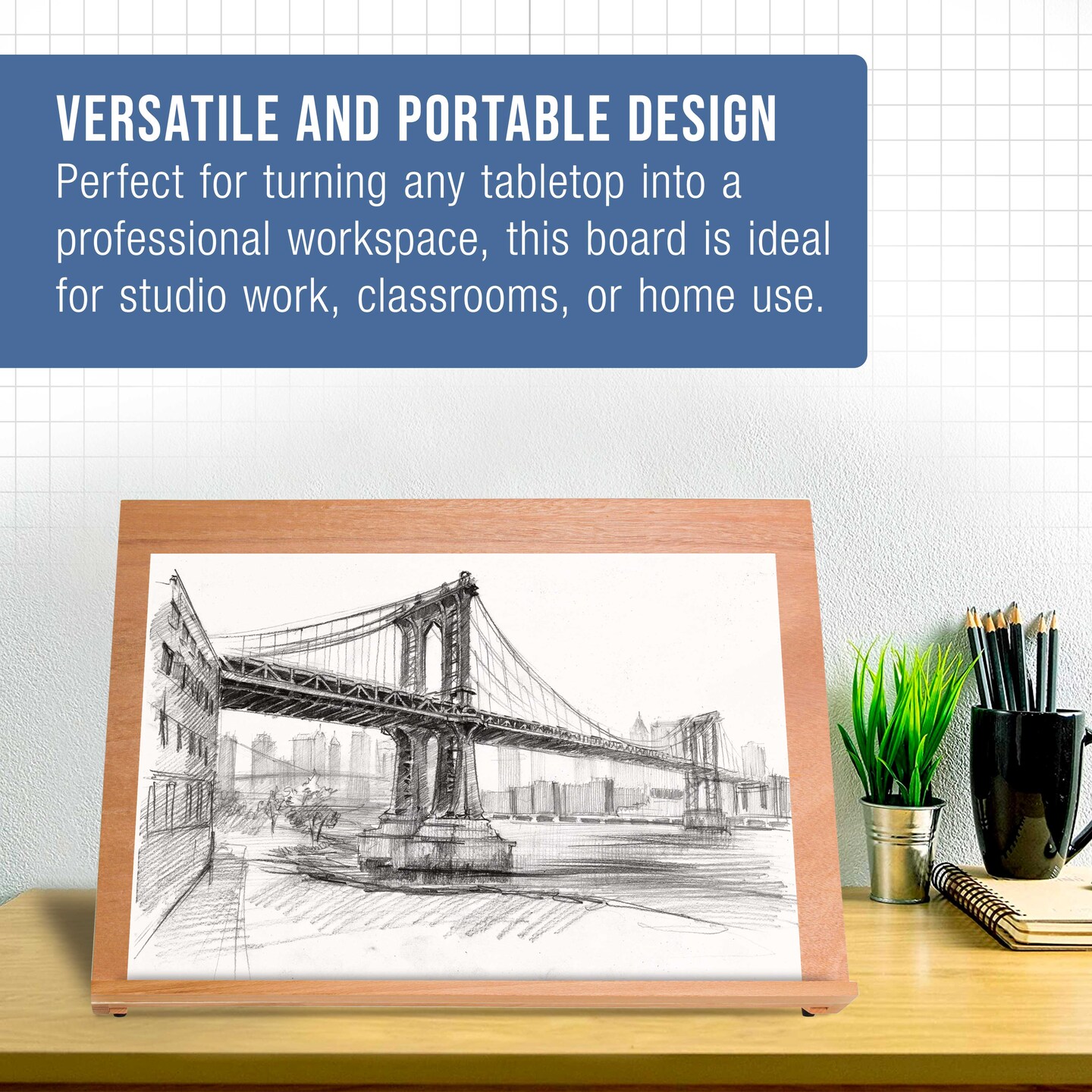 X-Large 25-5/8&#x22; x 19&#x22; (A2) Adjustable Wood Art Drawing Board - 5 Angles, Beechwood Construction, Pencil Ledge, Locking Storage Drawer - Perfect for Design, Drafting &#x26; Architecture