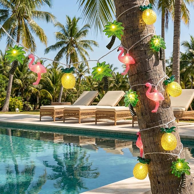 8.5ft Tropical LED String Lights - Flamingo Pineapple Palm Tree Party Decorations - Battery Operated Hawaiian Tiki Lights for Pool, Beach & Summer Bar Decor