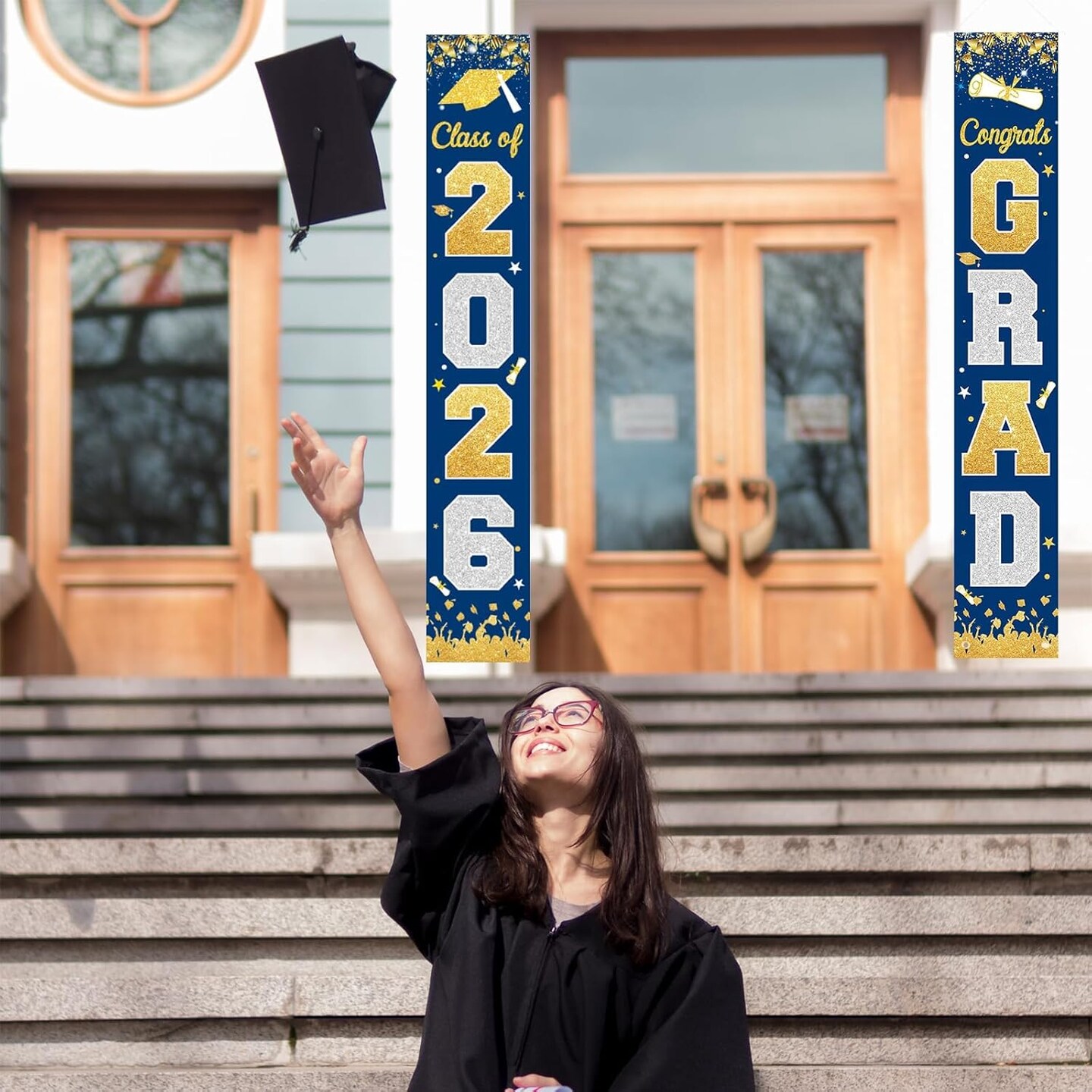Graduation Party Decoration – Class of 2026 Congrats Grad Door Banner Set, 71 x 12 Inch Vertical Hanging Porch & Doorway Sign, Large Blue Graduation Welcome Banner for Indoor Outdoor Party Decor