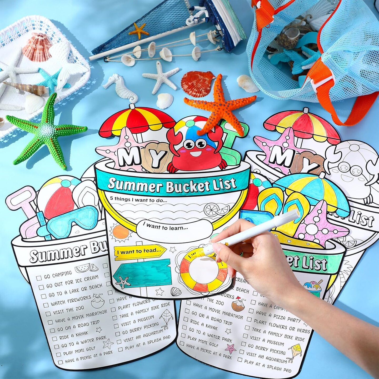 40-Piece Color Your Own Summer Bucket List Poster Kit | DIY Coloring Activity for End of School Year, Beach & Pool Art Party Supplies, Home Classroom Favors