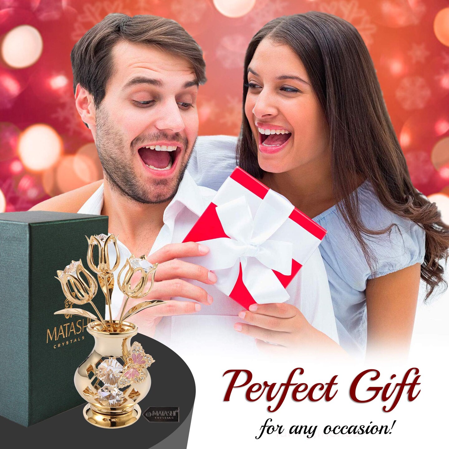 24K Gold Plated Crystal Flower Figurine with Clear Crystals & Butterfly – Luxury Decorative Tulip Statue, Elegant Tabletop Home Décor, for Mother's Day, Valentine's Day, Christmas