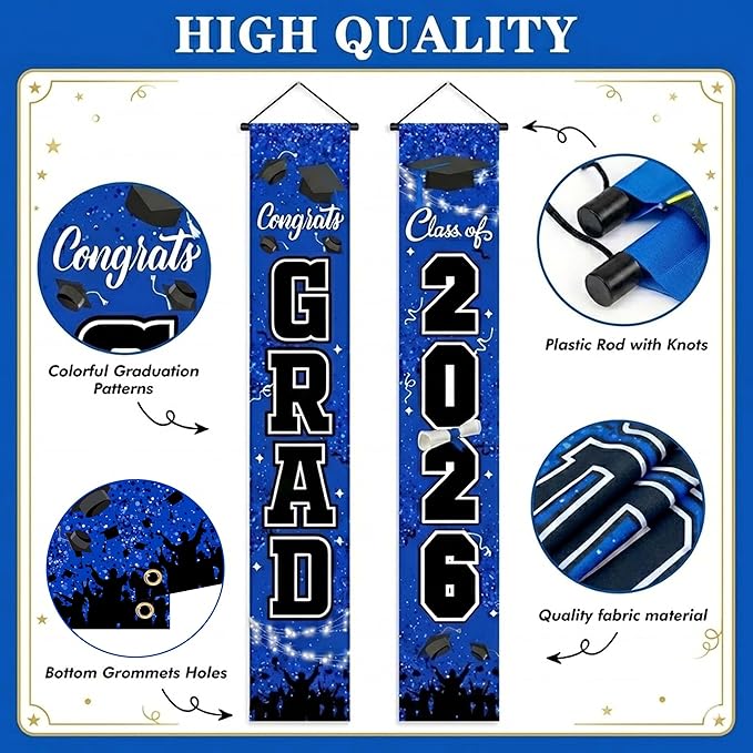 Class of 2026 Graduation Decorations Set - Blue & Gold Congrats Grad Porch Banners - Includes Large Fabric Backdrop & Yard Sign Decor - Premium Party Supplies for High School & College