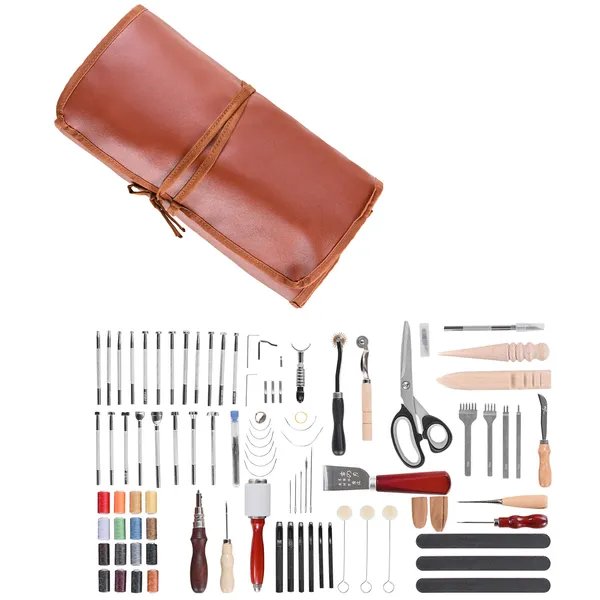 92PCS Leather Working Tools Kit – Complete Leather Craft Tool Set with Storage Bag for Stitching, Punching, Engraving & DIY Projects
