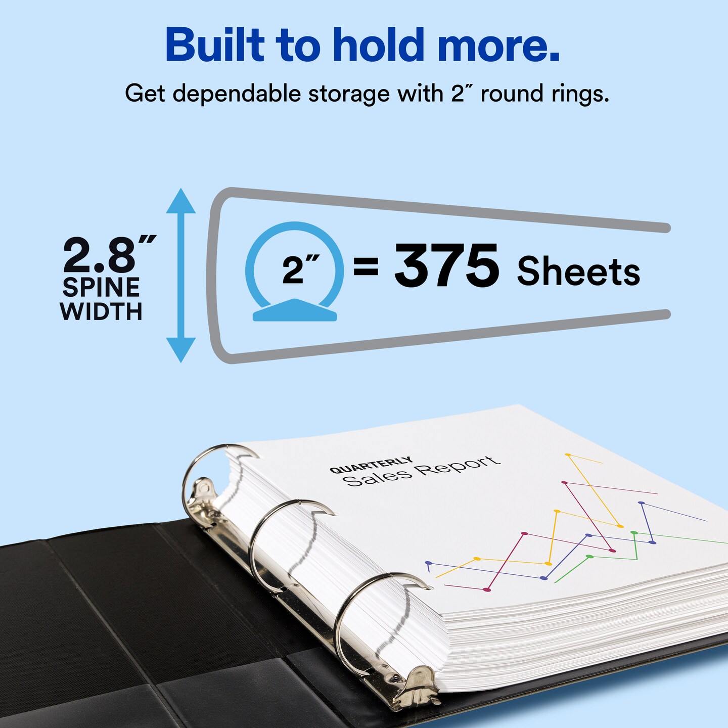 Avery Standard View 3 Ring Binder, 2" Round Rings, 375-Sheet Capacity, 2.8 Inch Wide Spine, 1 Black Binder, Ideal for Lightweight Organization and Occasional Referencing (19205)