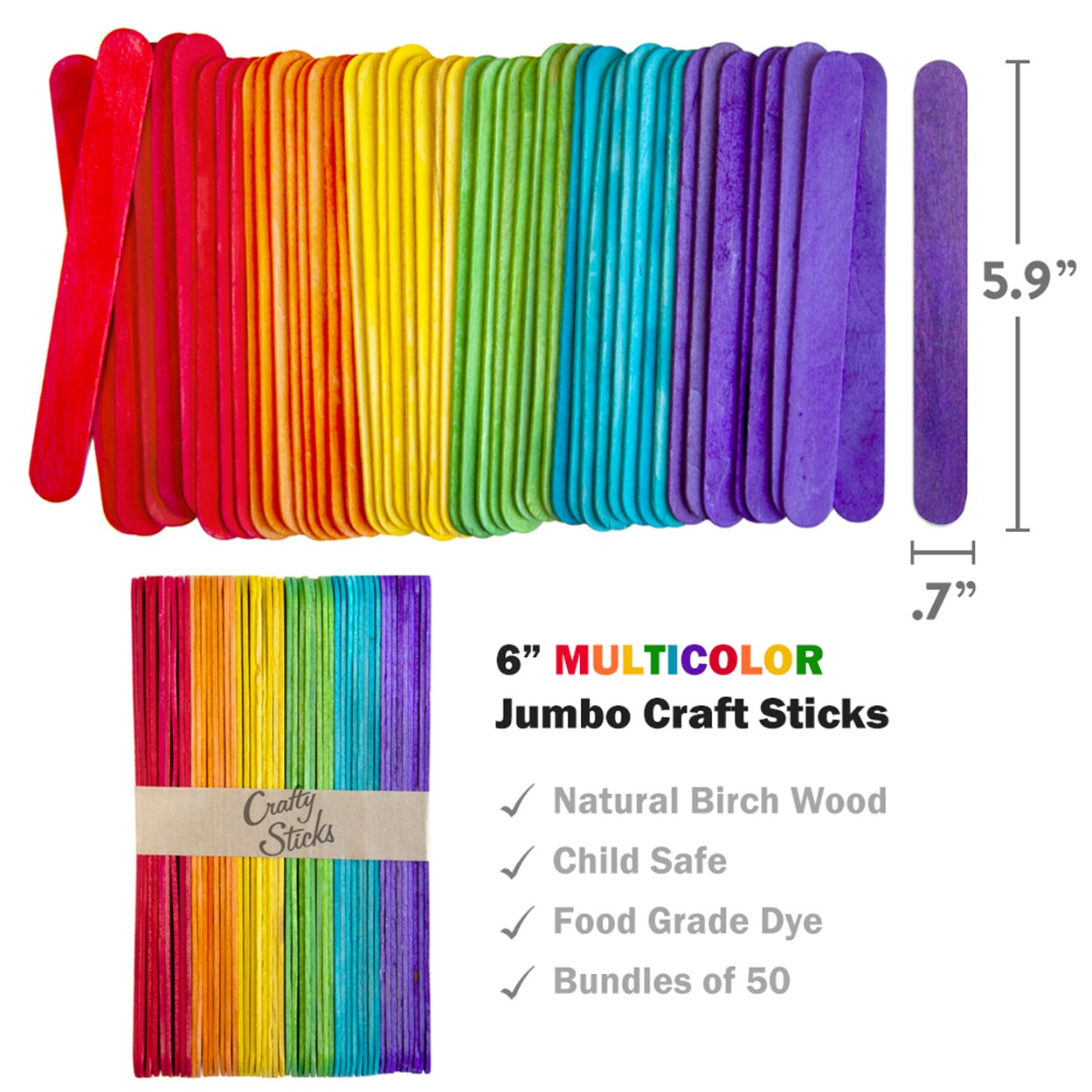 CraftySticks 6 Inch Jumbo Wood Popsicle Sticks for Crafts and STEM Learning