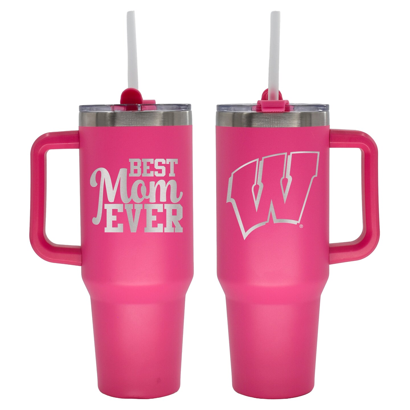 40oz Pink Stainless Steel Colossal Tumbler, Etched, Best Mom Ever Design, University of Wisconsin