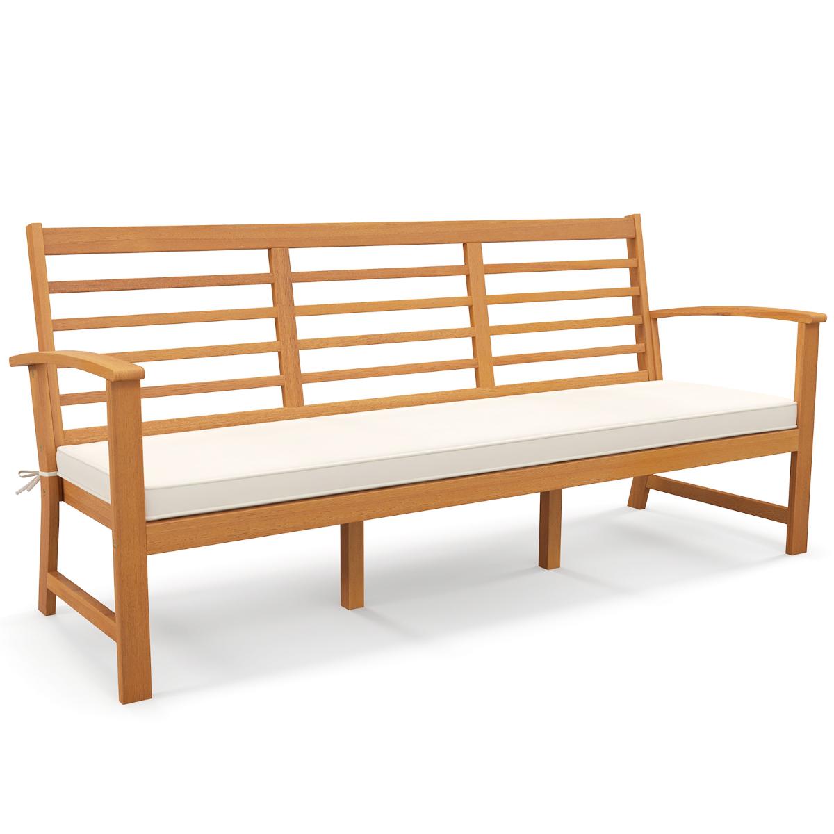 Outdoor Wood Bench 64 Inch with Backrest Cushion, Patio Porch Seating Natural Finish