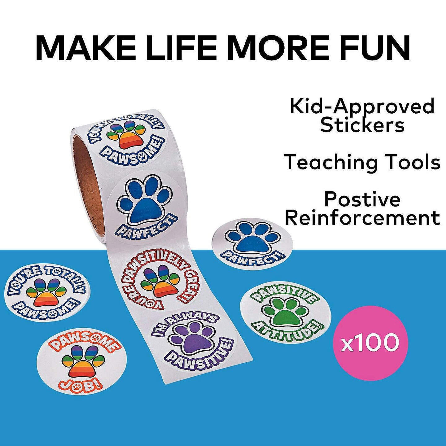 2 1/4&#x22; Multicolor Motivational Paw Print Sticker Roll 100 Pc