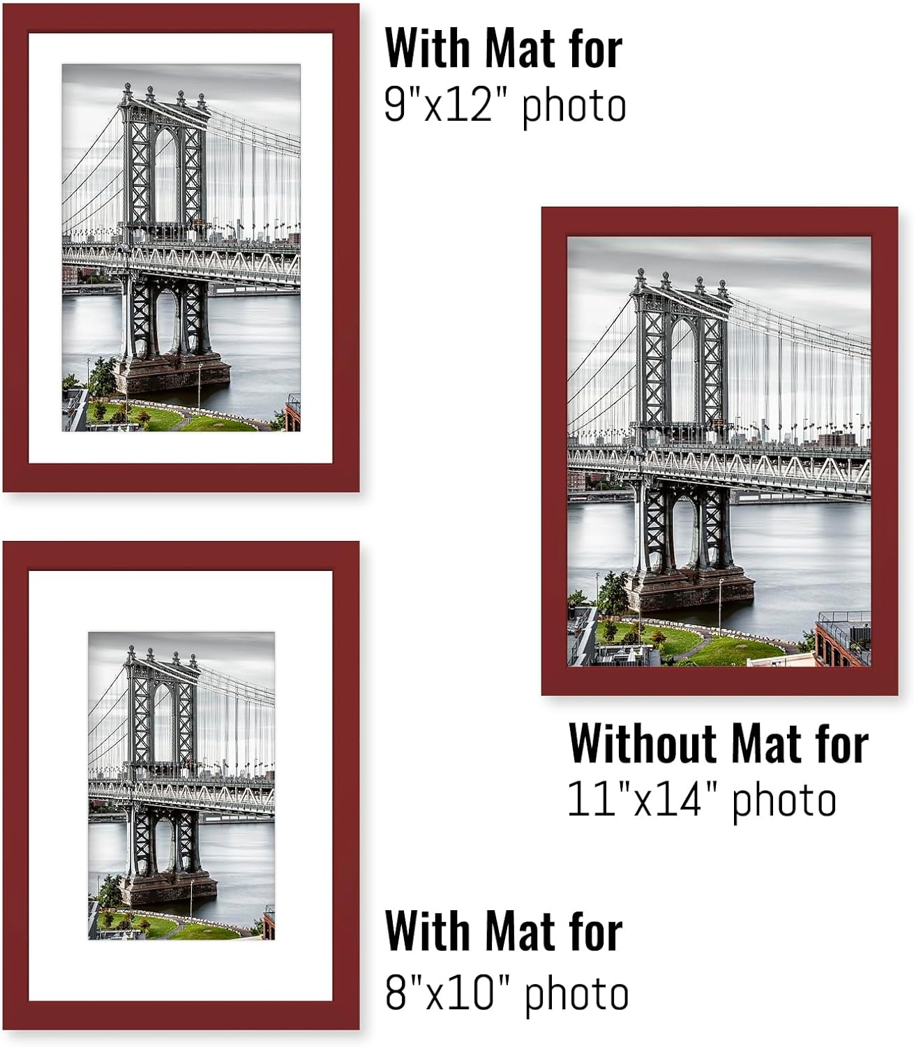 11x14 Picture Frames Solid Wood Display Pictures 9x12 or 8x10 with Mat or 11x14 Frame without Mat Poster Photo Frame Art with 2 Mats for Wall Mounting or Table Top(Red)