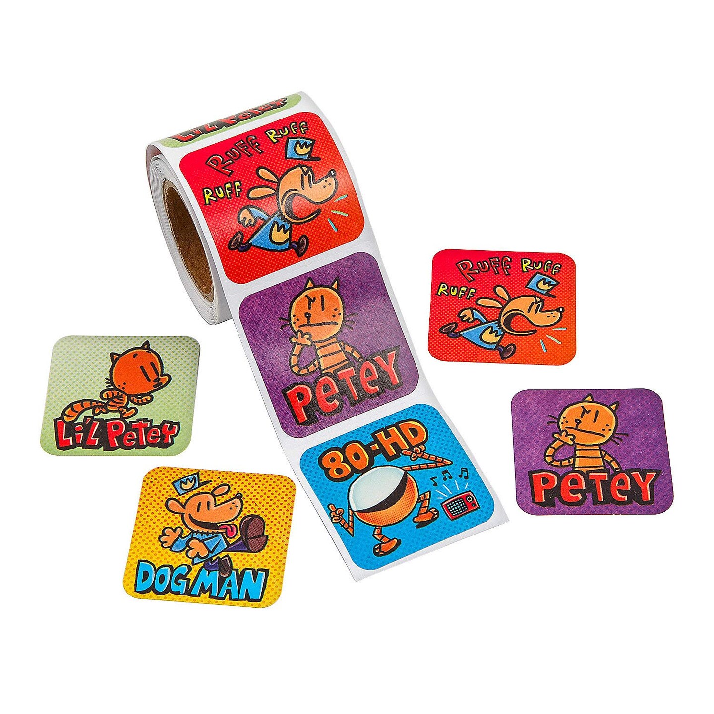 Dog Man Characters Sticker Roll 100 Pieces 1 1/2" x 1 1/2" Fan-Favorite Stickers