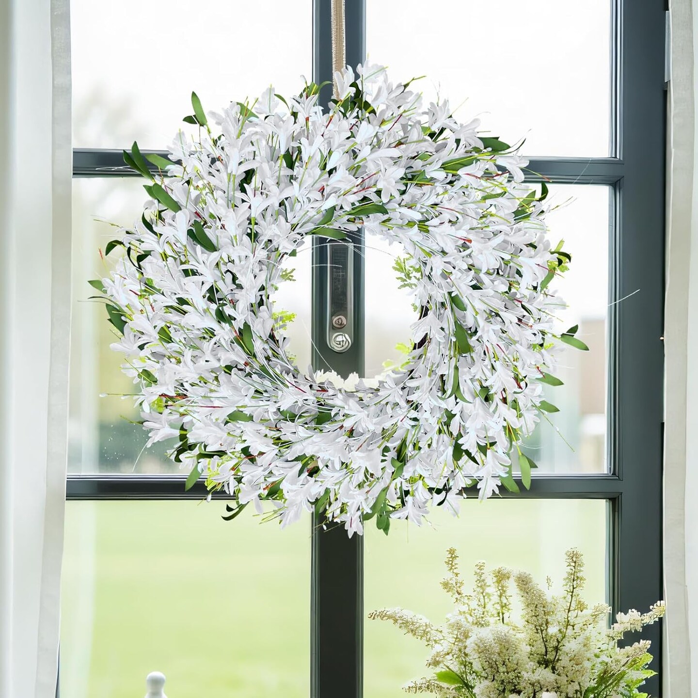 24&#x22; White Forsythia Wreath &#x2013; Handmade Summer Front Door D&#xE9;cor