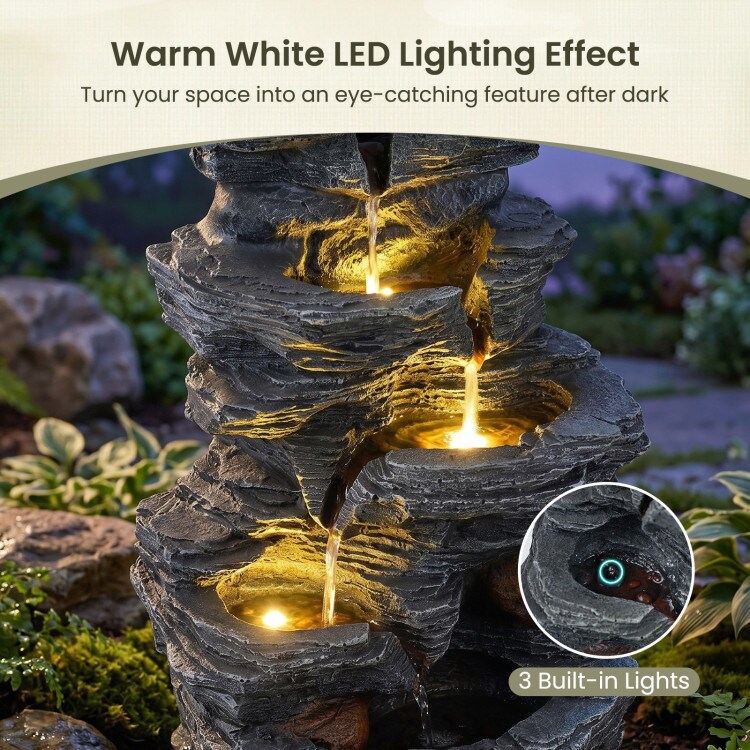 Indoor Outdoor Water Fountain with Warm LED Lighting, Resin Fiberglass Cascading Waterfall Decor for Patio Garden Office