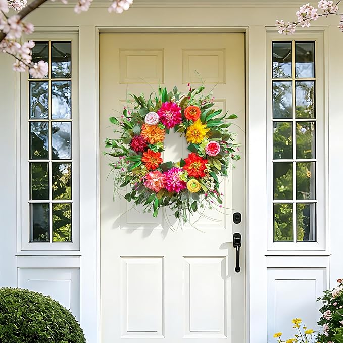 24-Inch Artificial Peony Dahlia Rose Spring & Summer Wreath