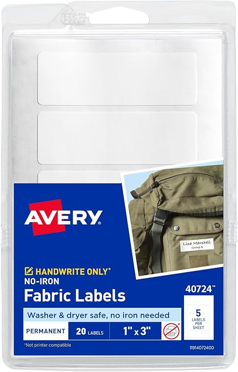 No-Iron Fabric Labels, 1" x 3", Waterproof Washer and Dryer Safe Clothing Name Stickers, 20 Count, Durable Adhesive Laundry and Uniform Labels