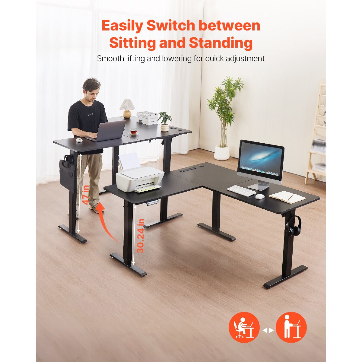 Electric Adjustable L Shaped Desk with Power Strip for Home Office