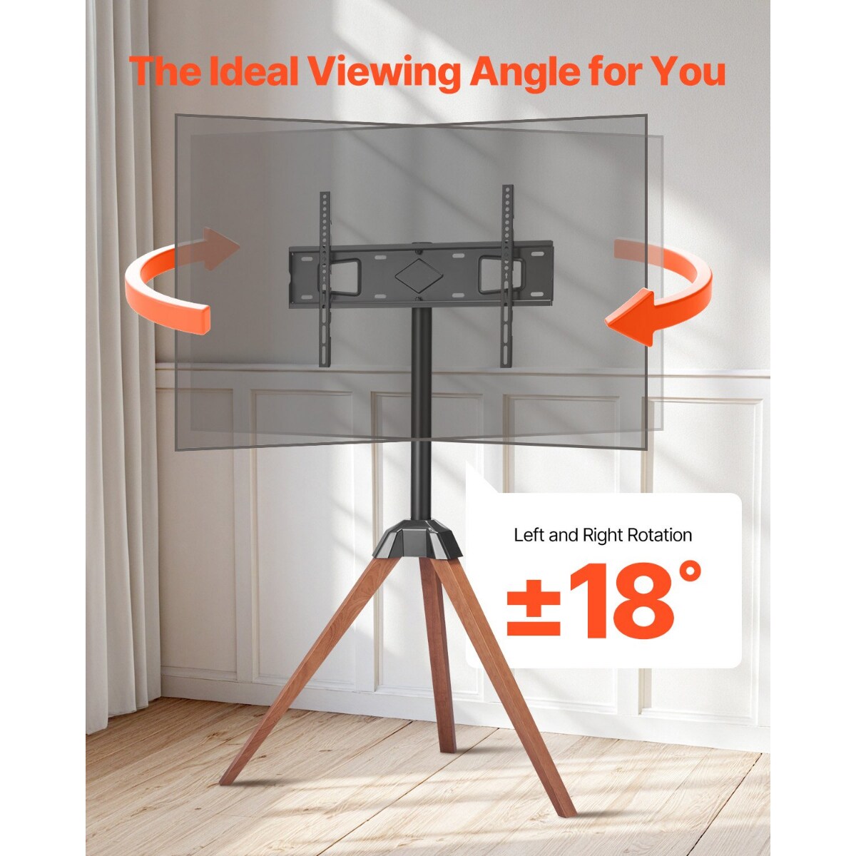 Tripod TV Stand for 40-65" TVs with Oak Wood Legs, 18° Rotation