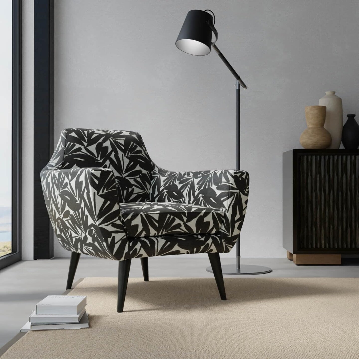 Black Abstract Leaves Woven Pattern Upholstery Fabric by The Yard - SKU: Bodie Ebony