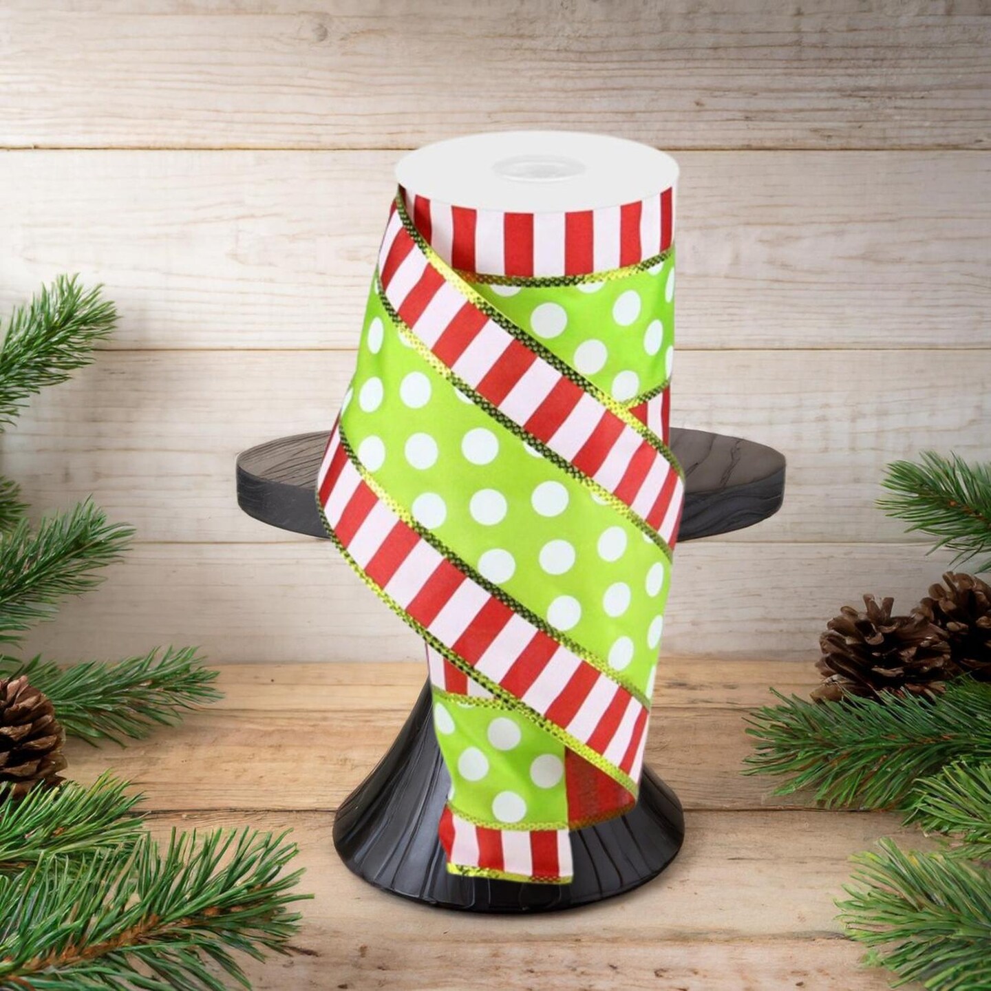 4" Striped Edge Polka Dot Ribbon: Red, Green & White (10 Yards)