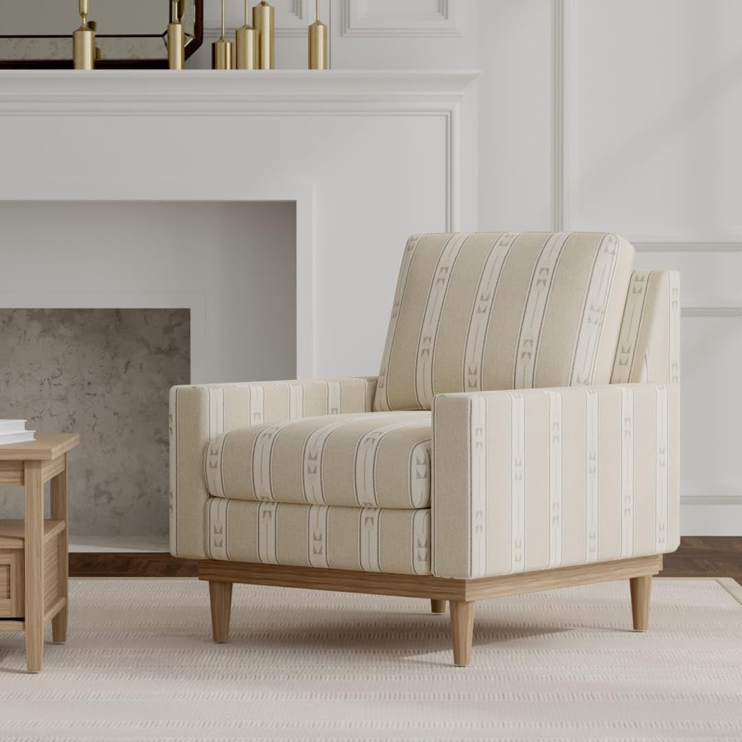 Beige Made in America Crypton Global Southwestern Stripe Woven Pattern Upholstery Fabric by The Yard - SKU: Calix Beige