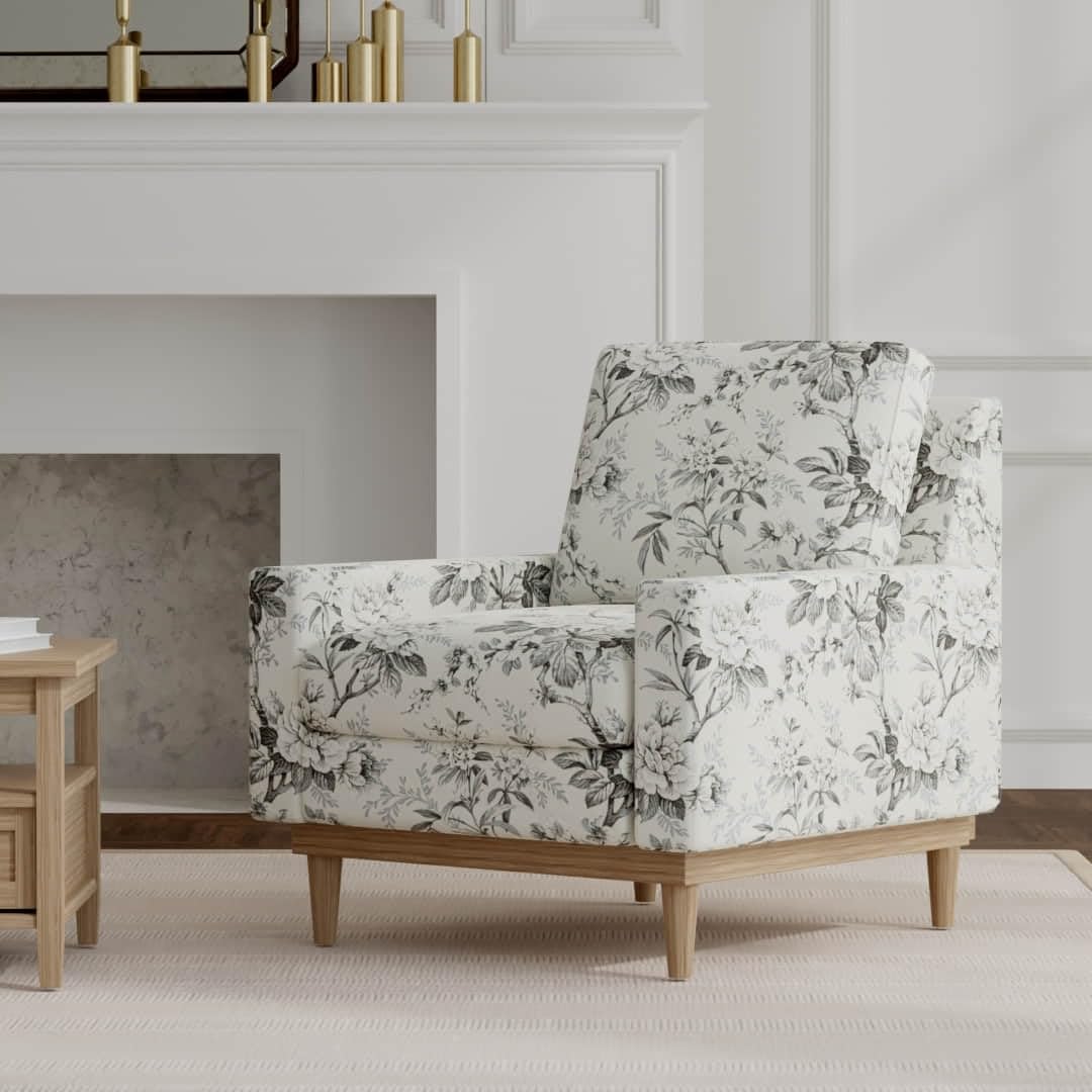 Black Grey Floral Linen Look Print Upholstery Fabric by The Yard - SKU: Bexley Smoke