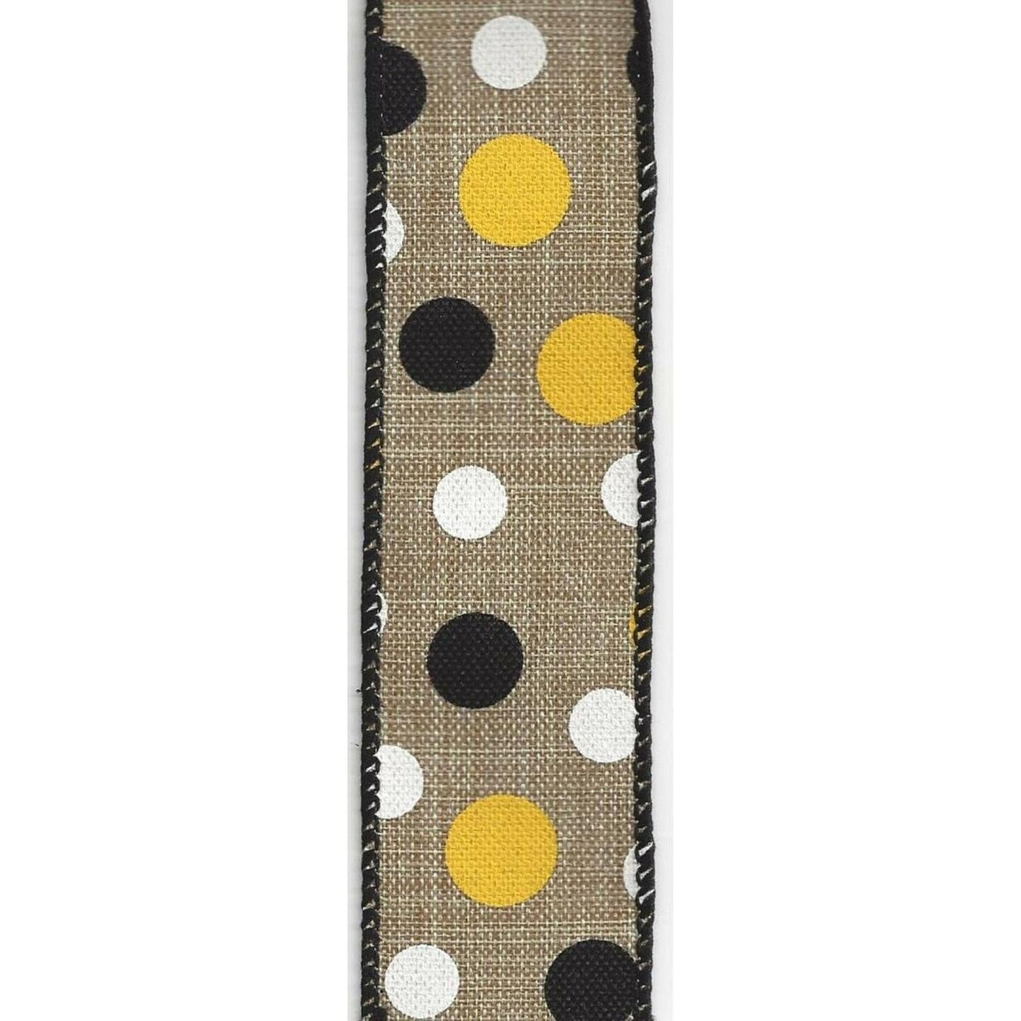 1.5" Natural Canvas Ribbon: Black, Yellow, White Dots (10 Yards)