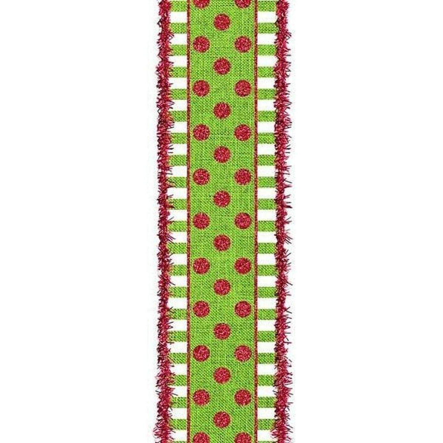 2.5" Dots & Stripes Glitter Tinsel Edge Ribbon: Lime Green, White & Red (10 Yards)