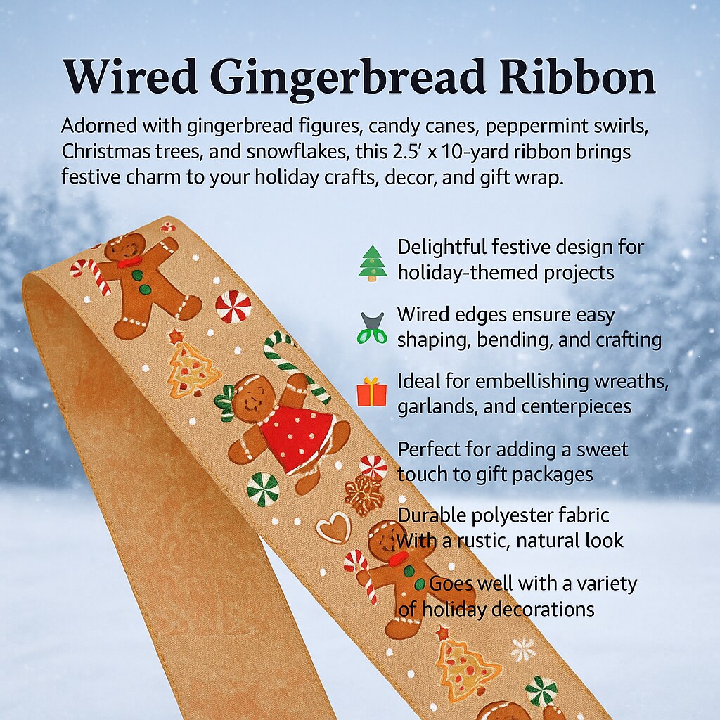 Designer&#x2019; Shop WR 63-5220 Christmas Gingerbread Wired Edge Ribbon &#x2013; 2.5&#x22; x 10 Yards &#x2013; Tan Burlap with charming Gingerbread Candy Canes &#x26; Holiday Icons