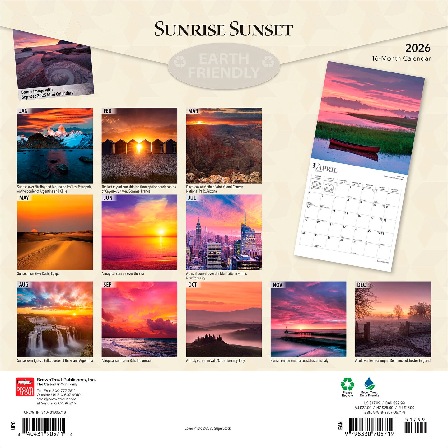 Sunrise Sunset | 2026 12 x 24 Inch (Hanging) Monthly Square Wall Calendar | Plastic-Free