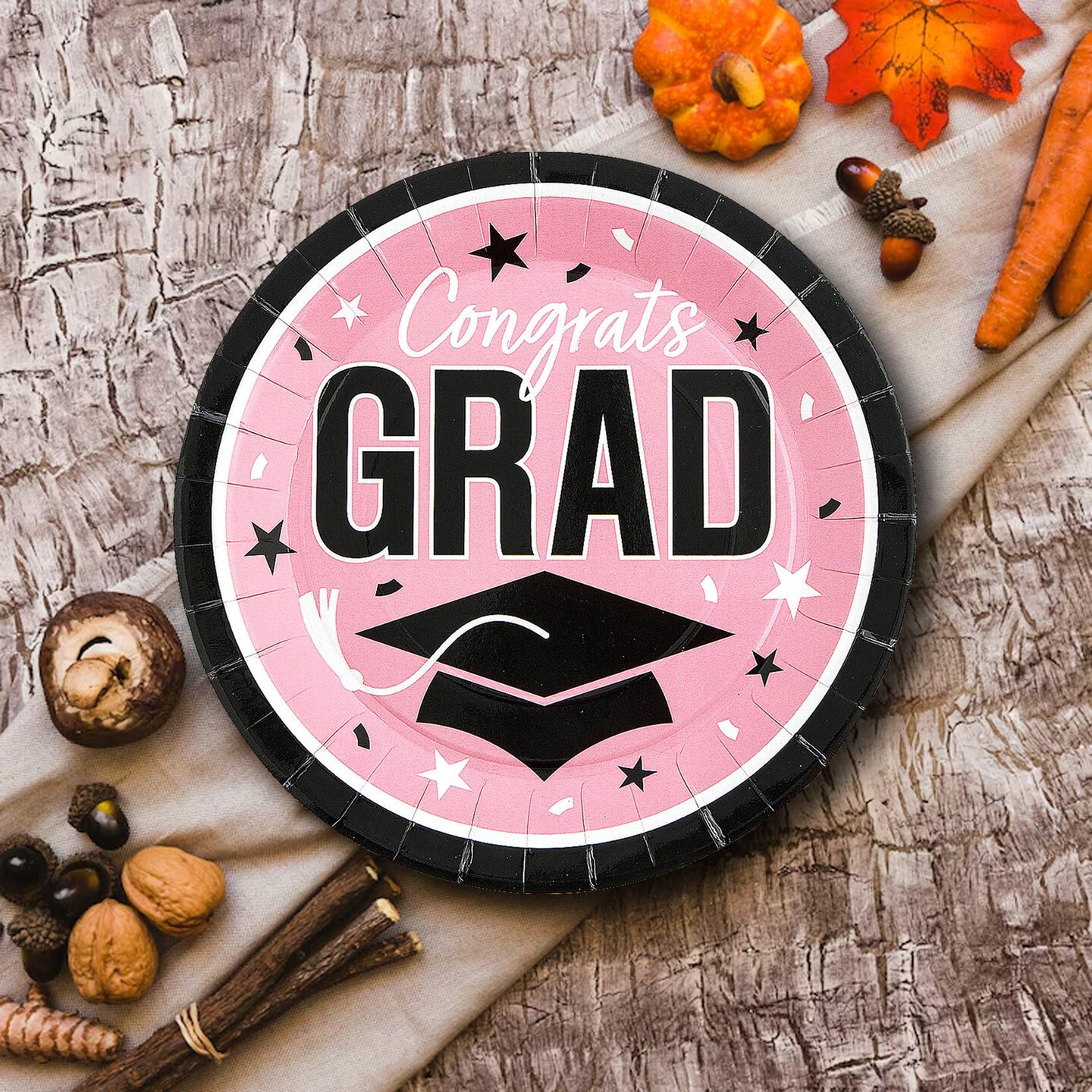 25 Count Pink Congrats Grad 9 Inch Paper Plates for Fun Graduation Party Supplies