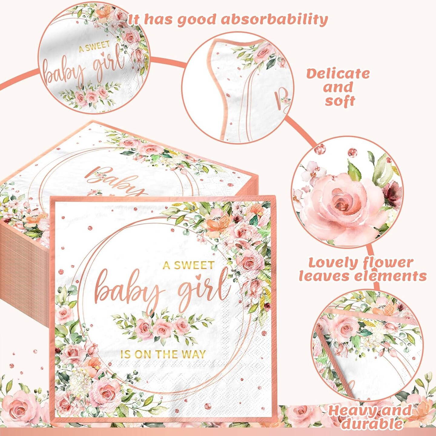 40pcs Sweet Baby Girl Rose Gold Baby Shower Napkins