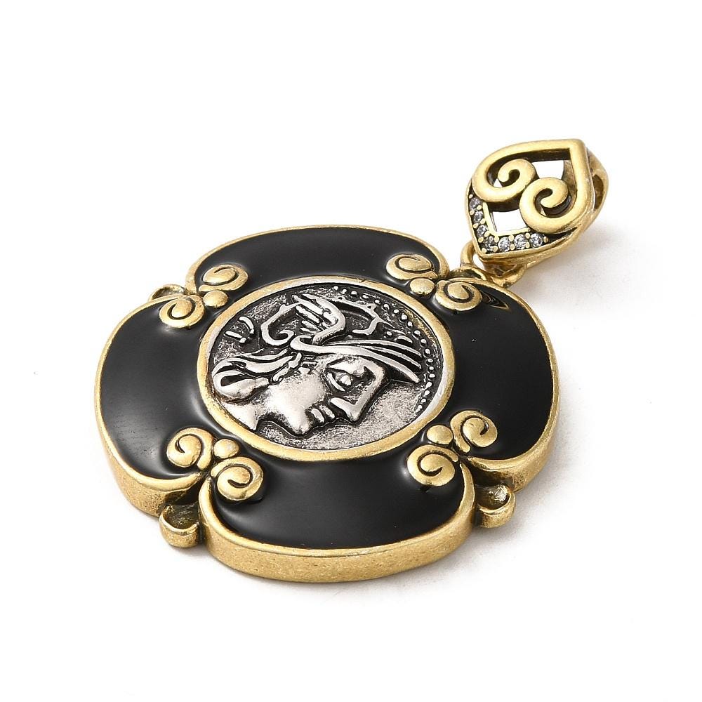 35x31mm Gold Plated Brass w/Cubic Zirconia &#x26; Enamel Roman Coin Replica Pendant