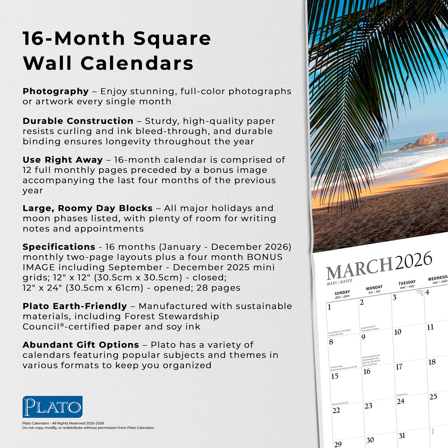 Beaches | 2026 12 x 24 Inch (Hanging) Monthly Square Wall Calendar | Foil Stamped Cover