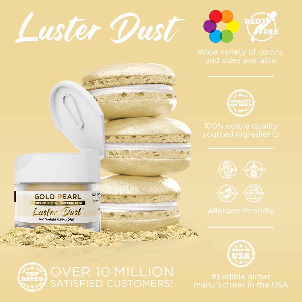 Bakell - Gold Pearl Luster Dust (4g, 1x Jar) Edible Vegan Dust &#x26; Paint for Baking, Desserts and Beverages