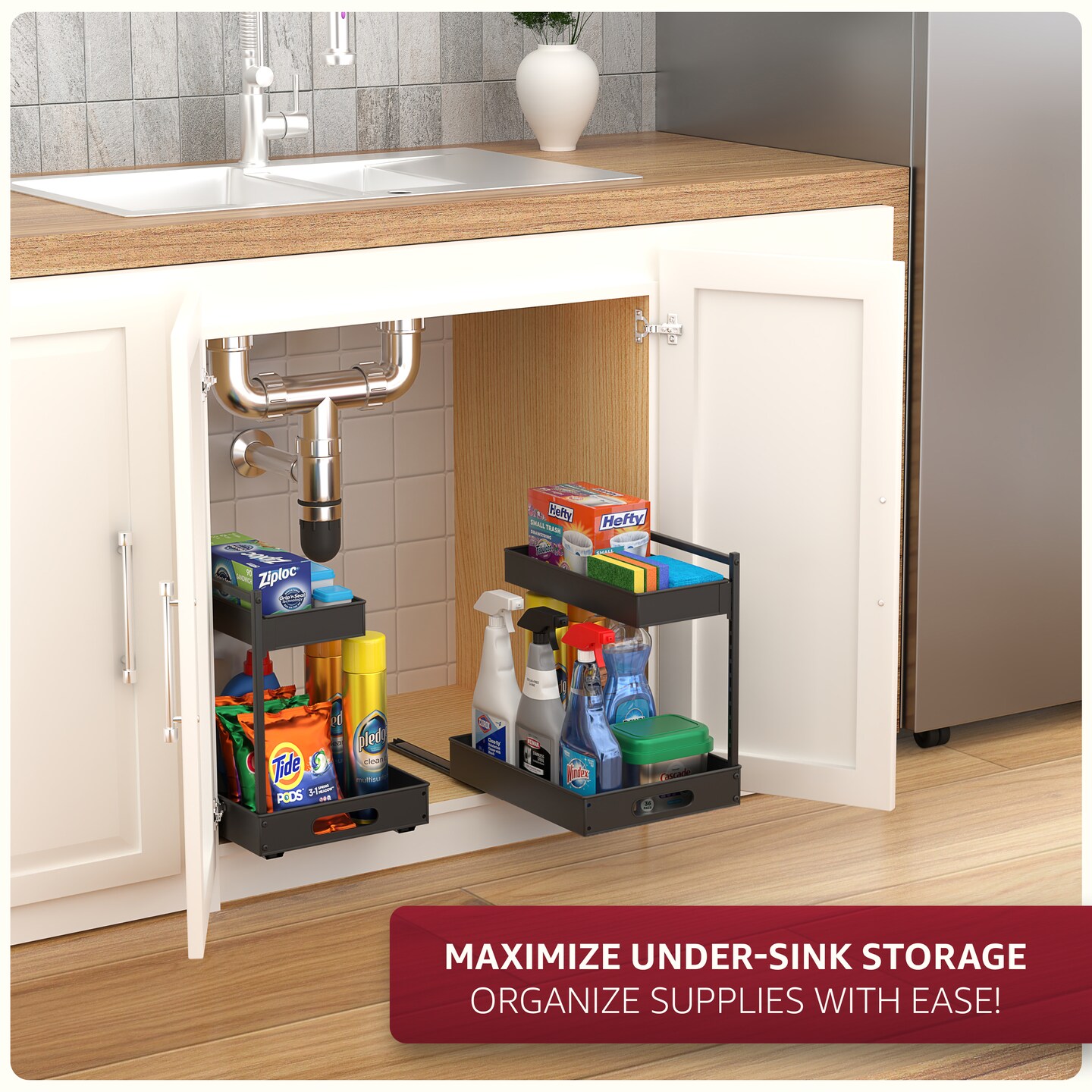 Sorbus Under Sink Organizer with Sliding Tracks and Adhesive Tape - 2-Tier Pull-Out Storage Rack for Kitchen and Bathroom - No Drill Under Sink Organization Storage Cabinet Shelf