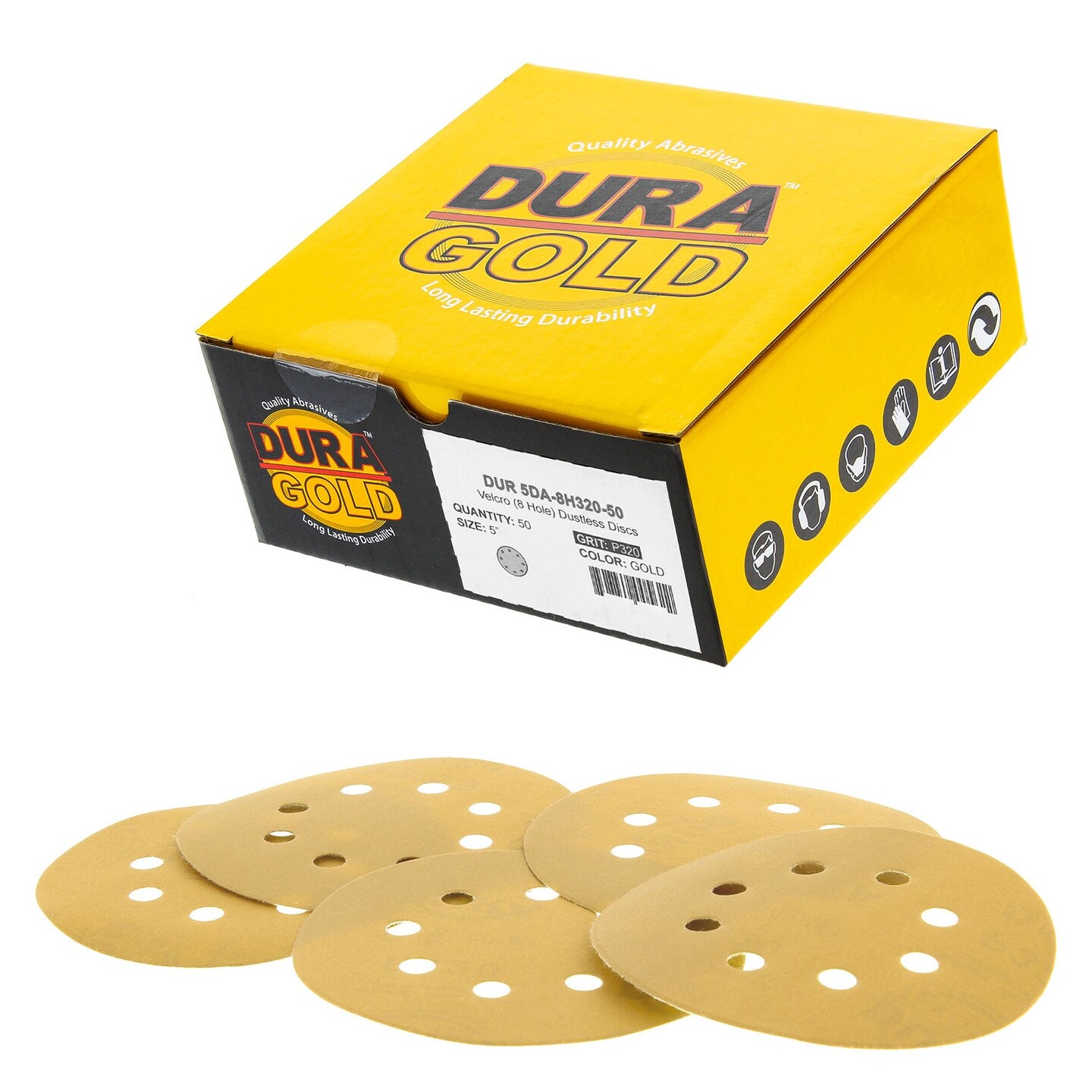 320 Grit - 5&#x22; Gold DA Sanding Discs - 8-Hole Pattern Hook and Loop - Box of 50