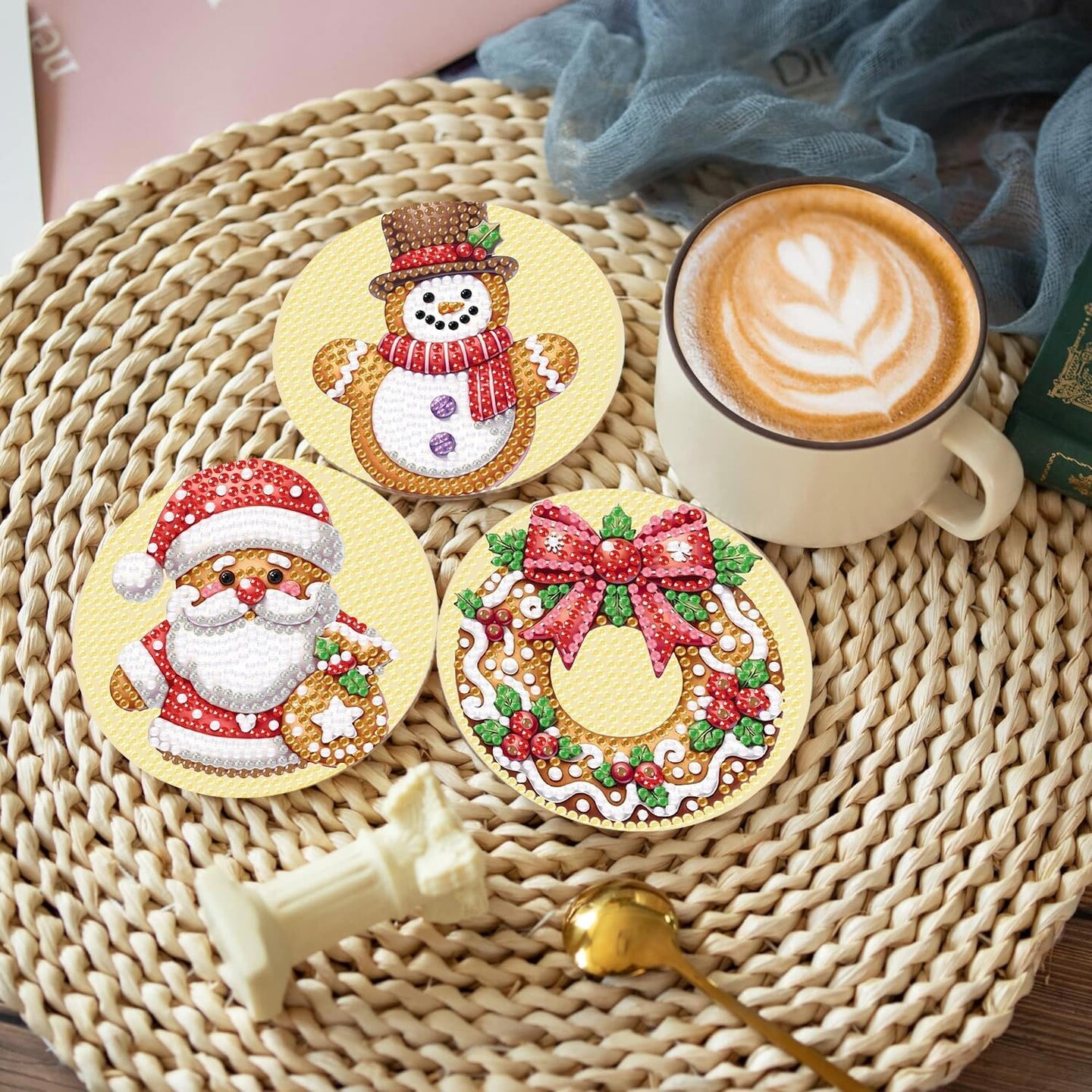 8 Pcs Christmas Diamond Art Coasters Kits with Holder, Gingerbread Snowman 5D DIY Diamond Pinting Coasters Acrylic Round Cup Coaster with Cork Pads for Tabletop Protection 10&#xD7;10 CM