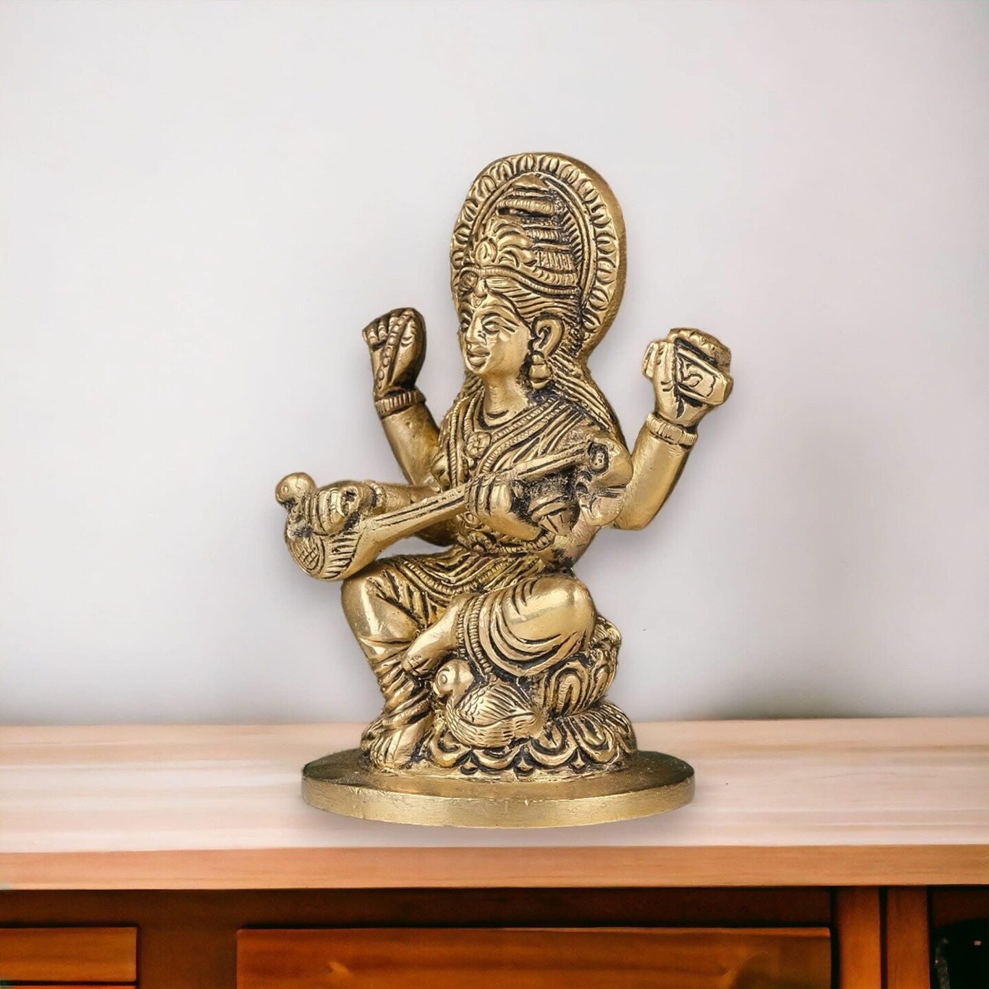 Brass Saraswati Statue Hindu Goddess of Knowledge Religious Beautiful Sitting on Lotus Saraswati Idol Sculpture for Basant Panchmi Home Temple Mandir Decor - Teacher’s Day Gift