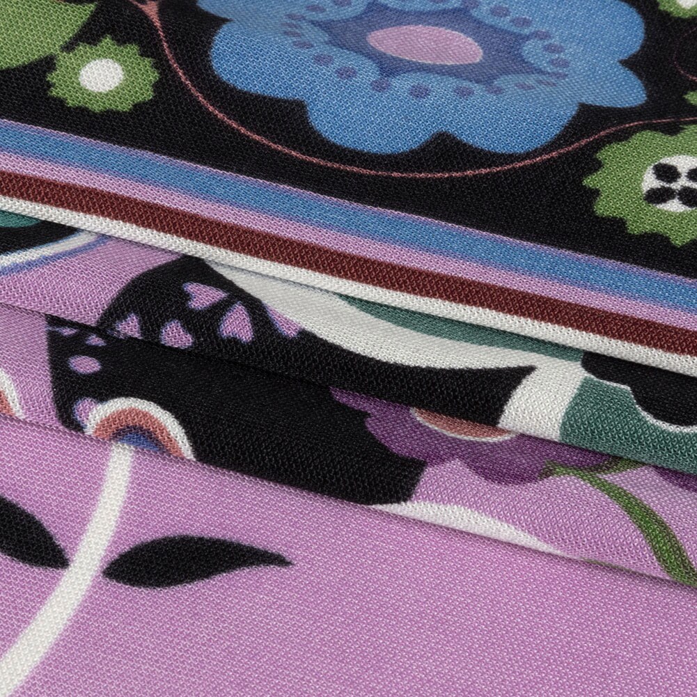 1 Yard Lilac, Teal and Rust Floral Border Stripe Silk Jersey 44" Wide, Border Print Fabric for Dresses, Tops, Skirts