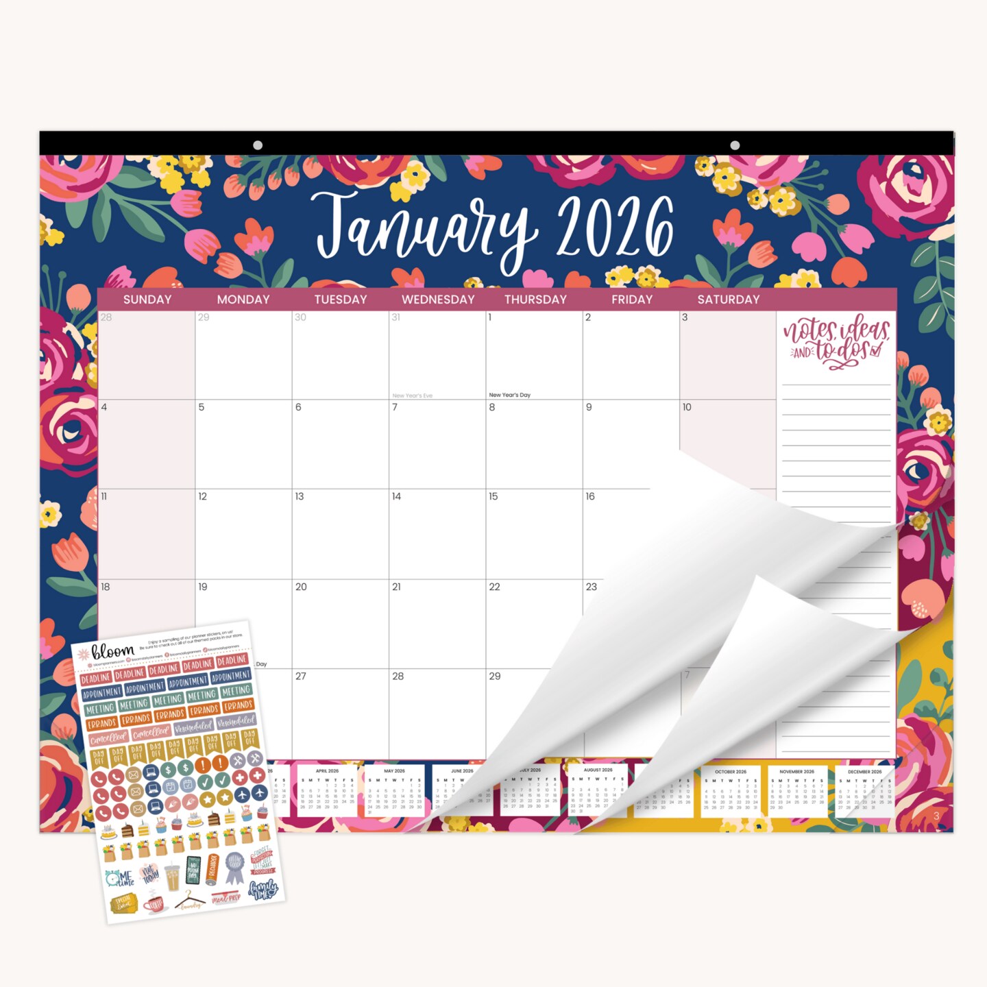 bloom daily planners 2026 Desk & Wall Calendar, 16" x 21", Vintage Floral