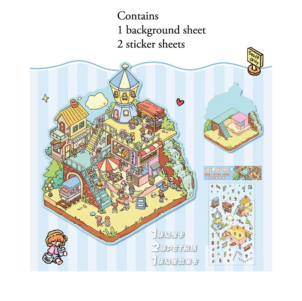 Neighborhood Landscape Sticker Scene, Cute DIY Isometric Set, Adorabilities