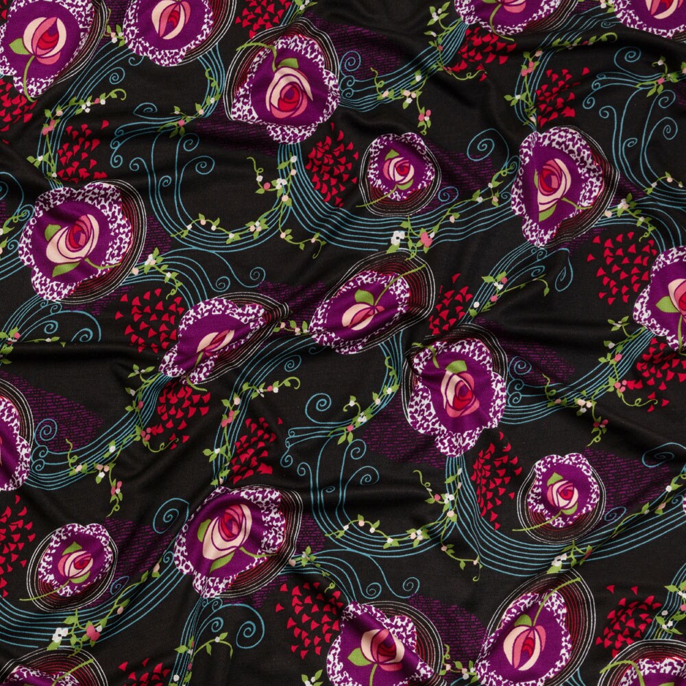 jersey fabric for dresses 1 Yard Black, Purple and Turquoise Roses and Flowing Vines Silk 44