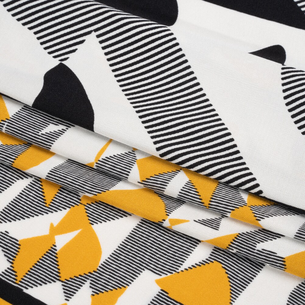 1 Yard Yellow, Black and White Abstract Borders Silk Jersey 45" Wide, Stretchy Fabric for Dresses, Tops, Skirts