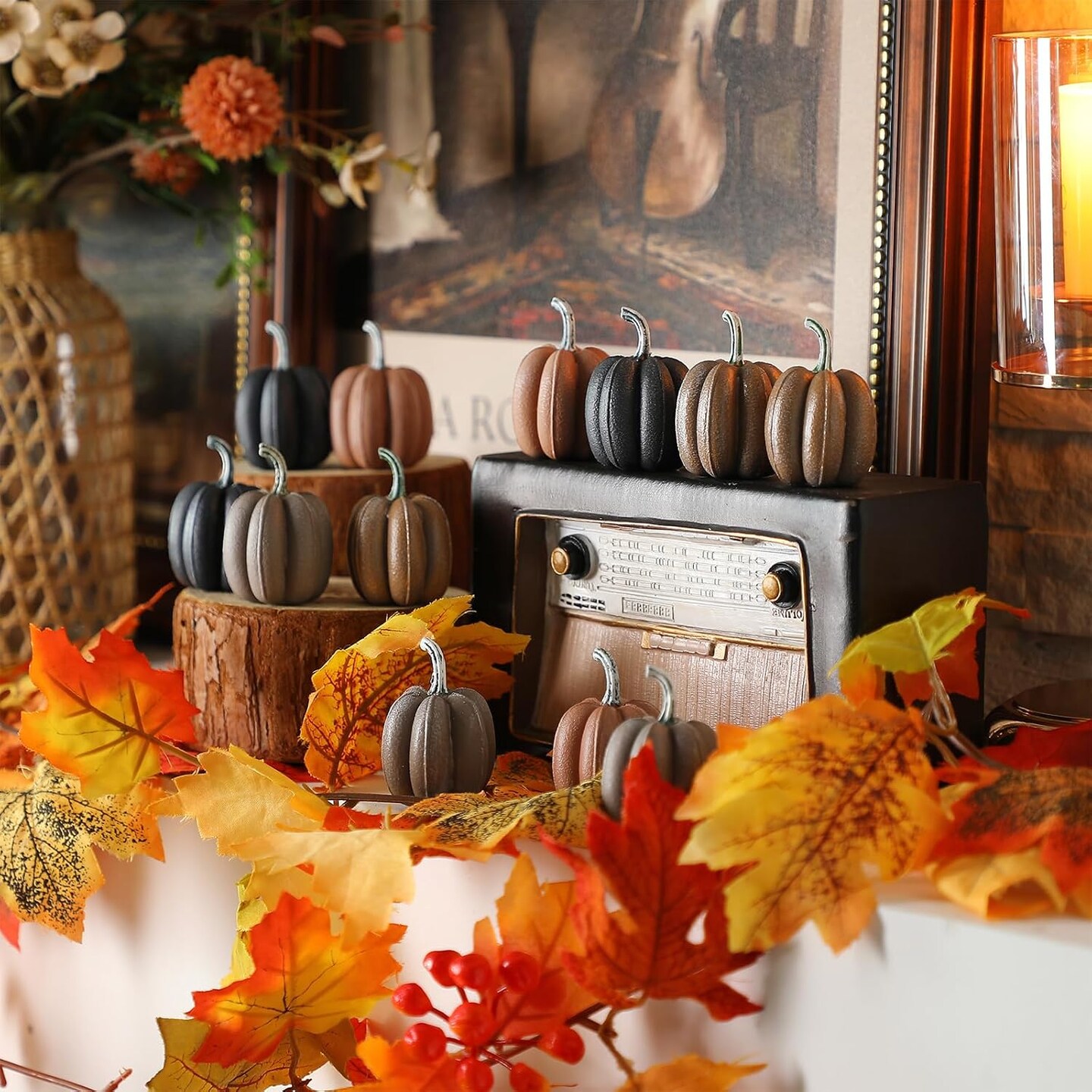12 Pcs Neutral Rustic Fall Pumpkin Decor, Mini Resin Pumpkins for