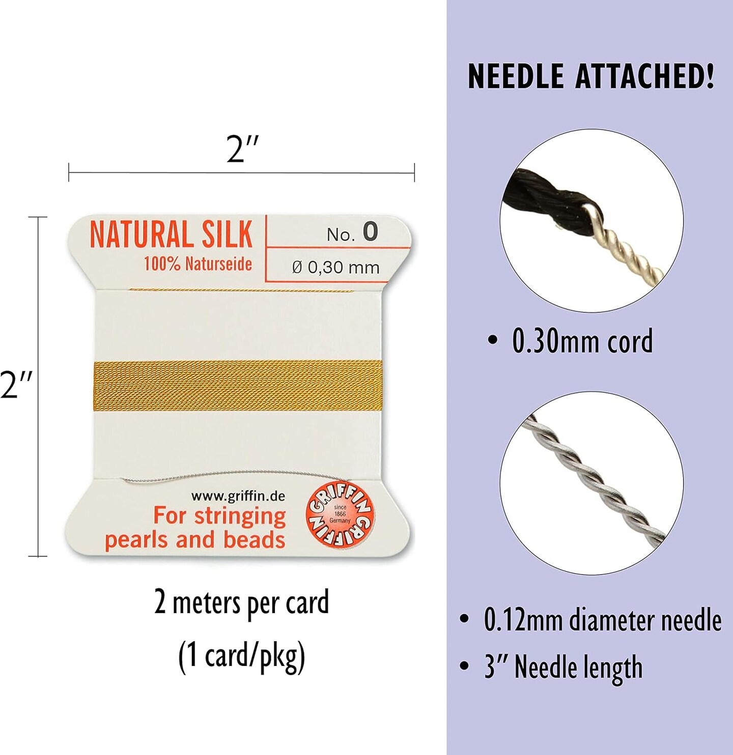 Griffin Silk Bead Cord Perlseide – Size 0 (0.30mm) – 2 Meters per Card – Stainless Steel Needle Attached – for Knotting Pearls, Gemstones, Crystals and Beads