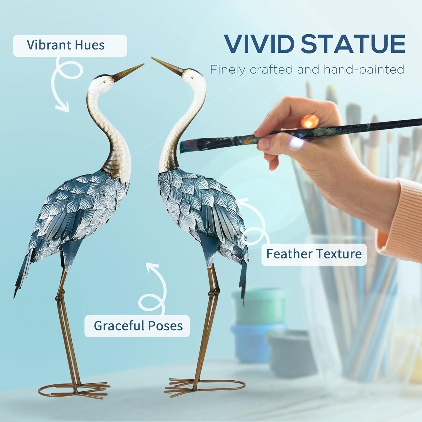 Heron Garden Statues 29&#x22; &#x26; 27.5&#x22; Metal Yard Art Blue &#x26; White Set of 2