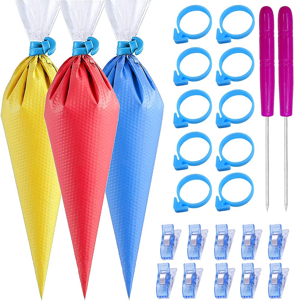 122 Pieces Tipless Piping Bags - 100pcs Disposable Piping Pastry Bag for Royal Icing/Cookies Decorating - 10 Pastry Bag Ties,10 Clips &#x26;2 Scriber Needle - Best Cookie/Cake Decorating Tools (14 inch)
