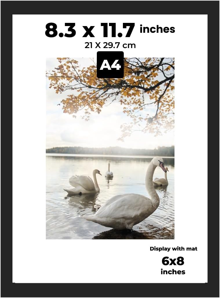 A4 Frame Black - Display 6x8 Picture Frame With Mat or 8.27x11.69 Inch Without Mat Poster Frame, Certificate Document Frame, for Wall Art