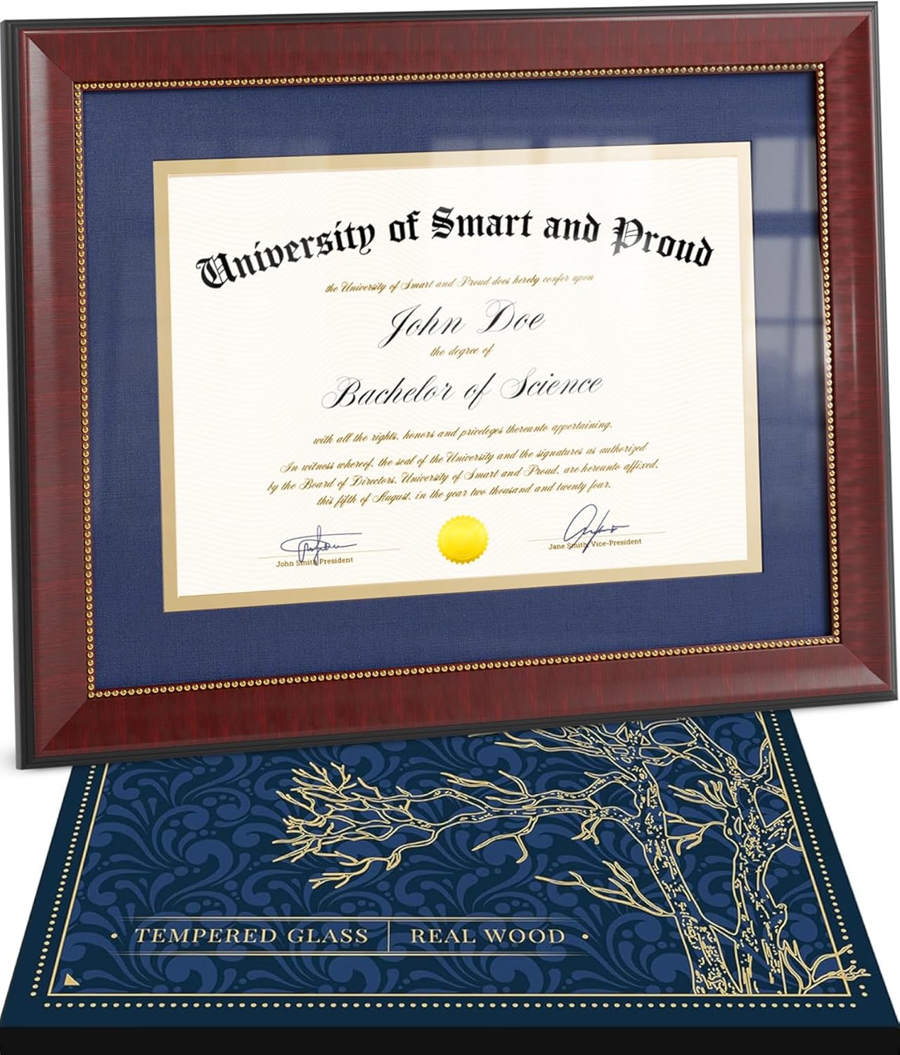 Wooden College Diploma Frame 8.5 x 11 &#x2013; Blue Mat with Golden Rim &#x2013; Certificate Frame 11x14 without Mat &#x2013; Graduation Gift &#x2013; Degree Frame and Certificate Holder College &#x2013; Document Frame