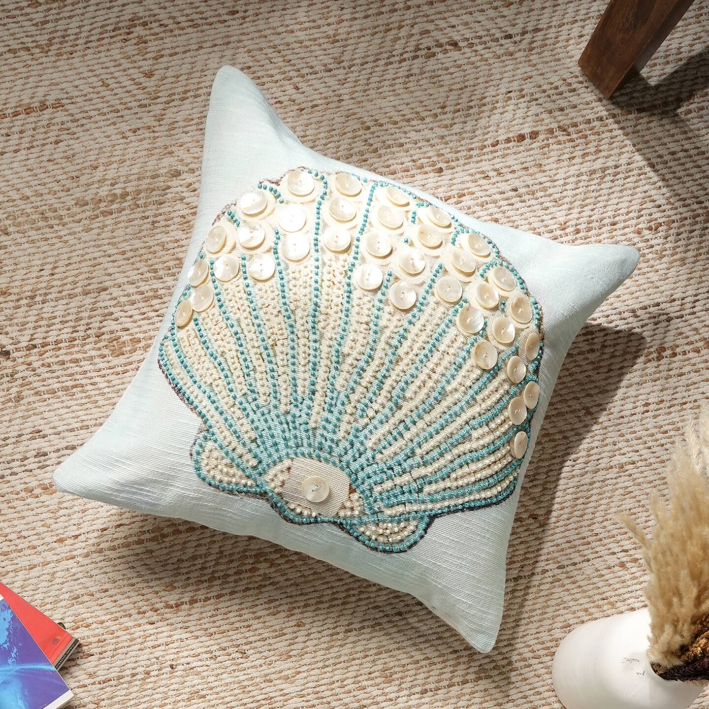 Handcrafted Print and Beadwork Seashell Throw Pillow-Blue &#x26; Ivory 18&#x22;x18&#x22; Cushion