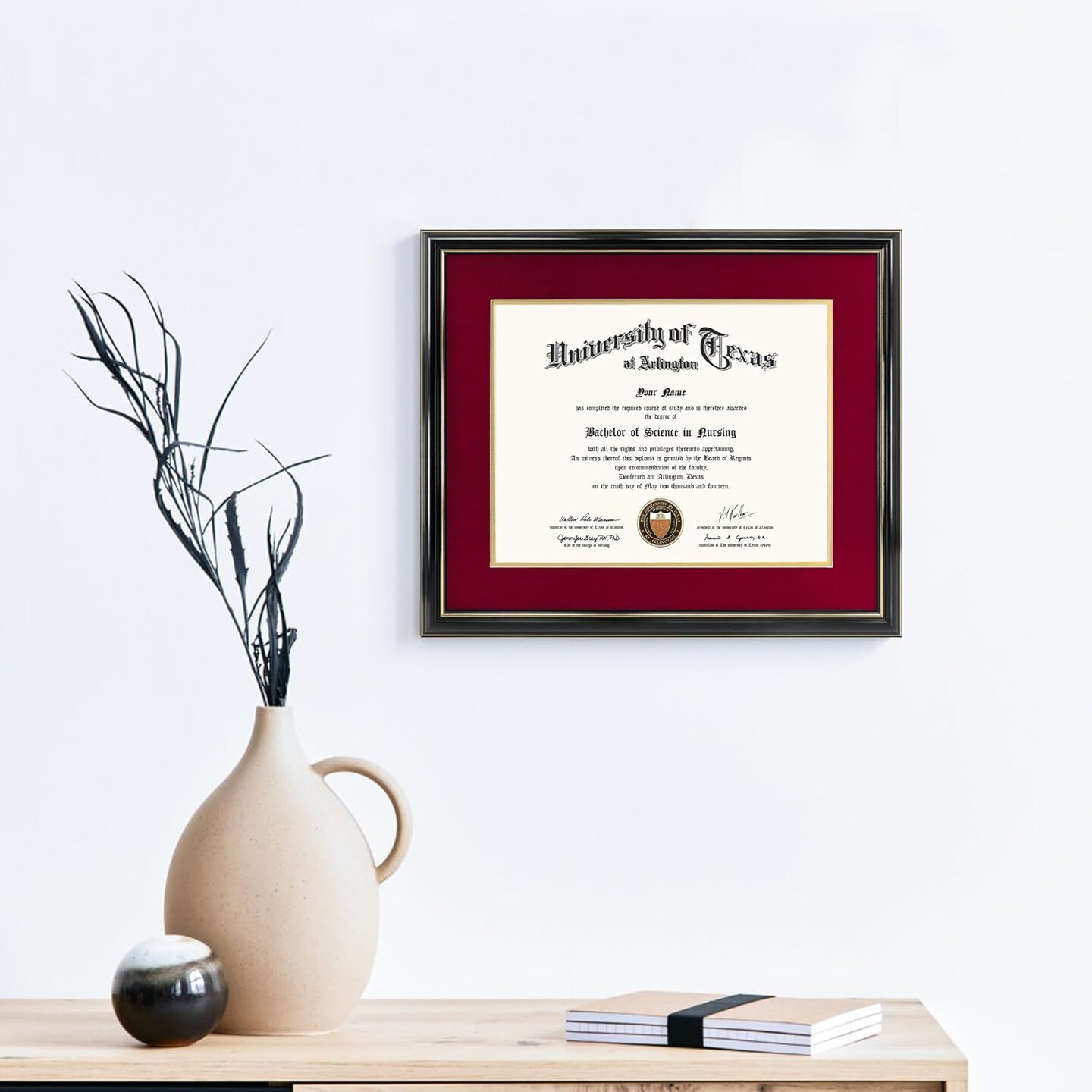 11x14 Diploma Frame with Red over Gold Mat or Display 15x18 Certificate without Mat,Solid Wood &#x26; UV Protection Acrylic,Glossy Black Finish with Gold Trim